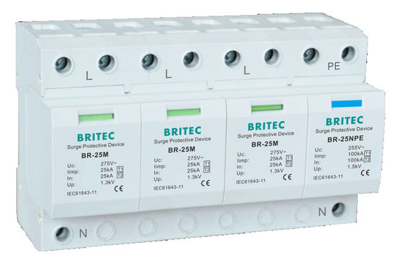 BR-25M 3P+1NPE 25kA T1+T2 varistor dalgalanma durdurucusu B+C Düşük Voltajlı 3 Fazlı AC Spd Yıldırım Koruyucusu