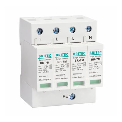 AC Güç Iimp 7KA 4P T1 + T2 / Sınıf B + C 3 Fazlı Endüstriyel Güç Devamı Koruyucusu, 275V Din Rail Mount Thunder Arrester